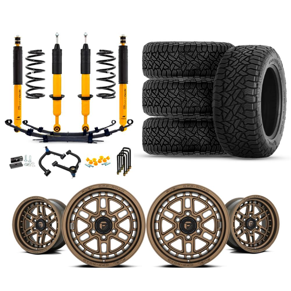 Old Man Emu OME 2.5" Lift Kit + 17" Fuel Wheels & Tires Package for Tacoma (16-23) with suspension and off-road tires