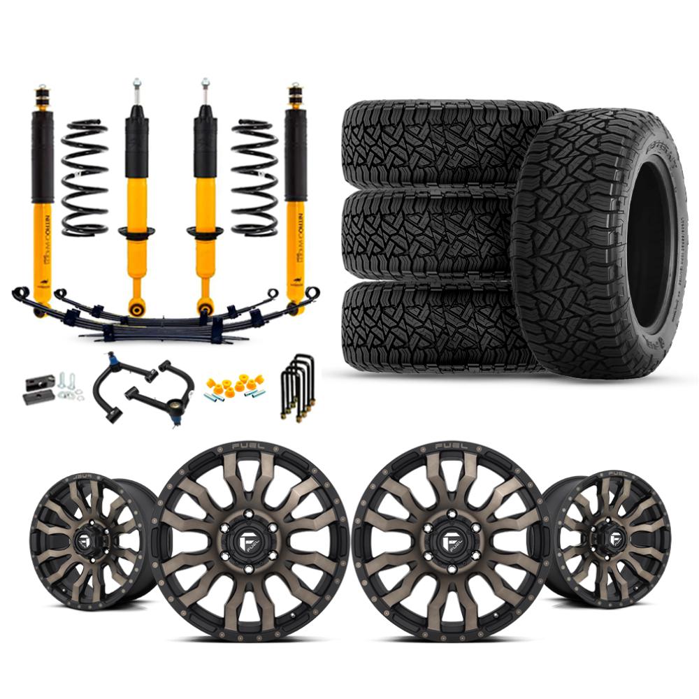 OME 2.5" Lift Kit + 17" Fuel Wheels & Tires Package for Tacoma (16-23) with yellow shocks, coil springs, and all-terrain tires