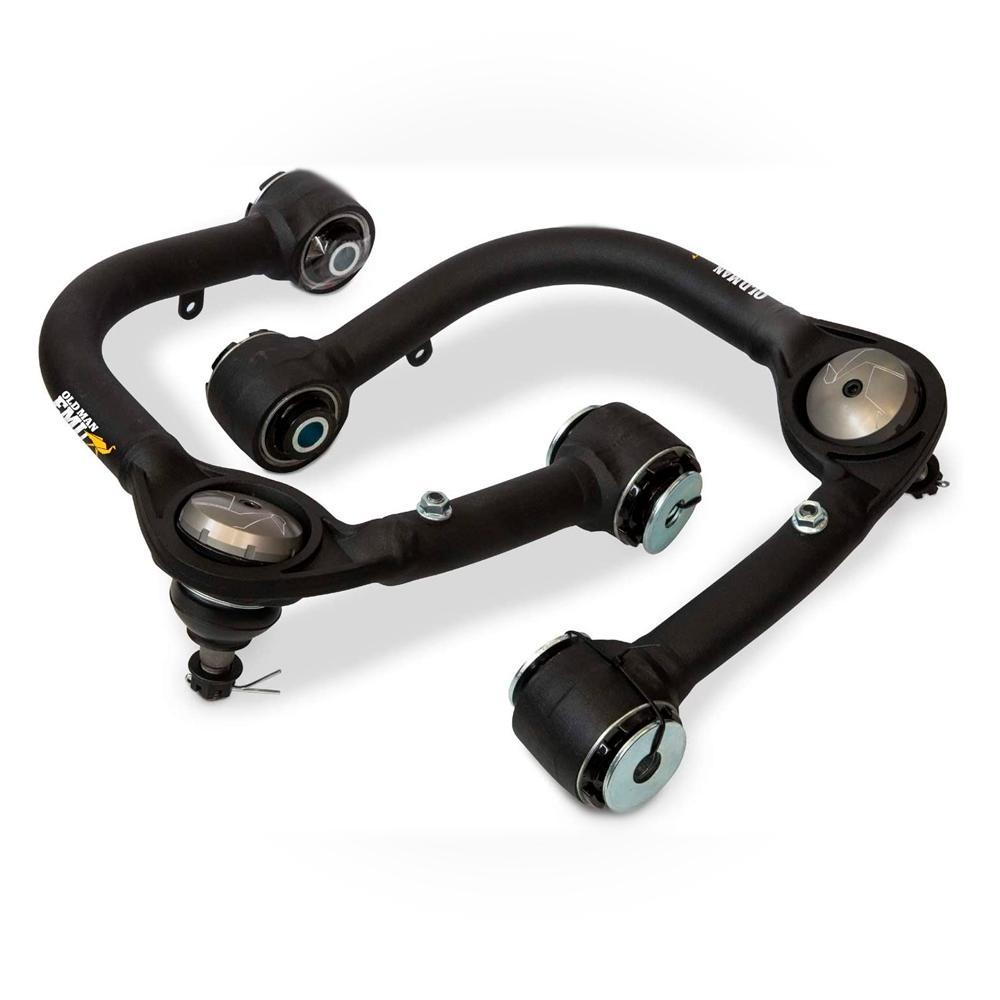 A pair of black ARB Old Man Emu Upper Control Arms UCA0002 for Ford Ranger PX, PX2, PX3 sway bars on a white background, enhancing suspension and improving wheel alignment.