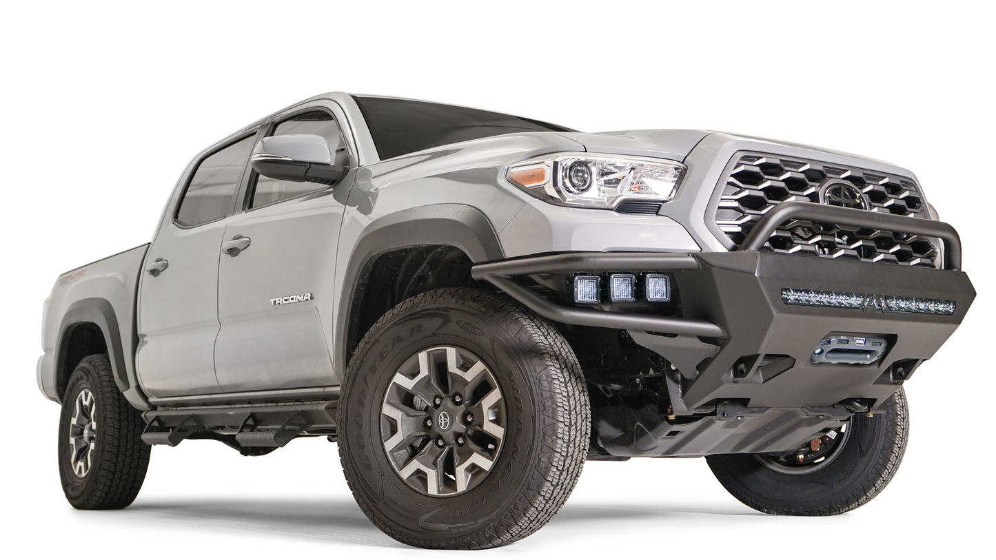 Fab Fours Pre-runner Guard Ultra Light Hybrid TB16-02-1 for Toyota Tacoma 2016-2023 with winch-ready front bumper and integrated LED light bar mount