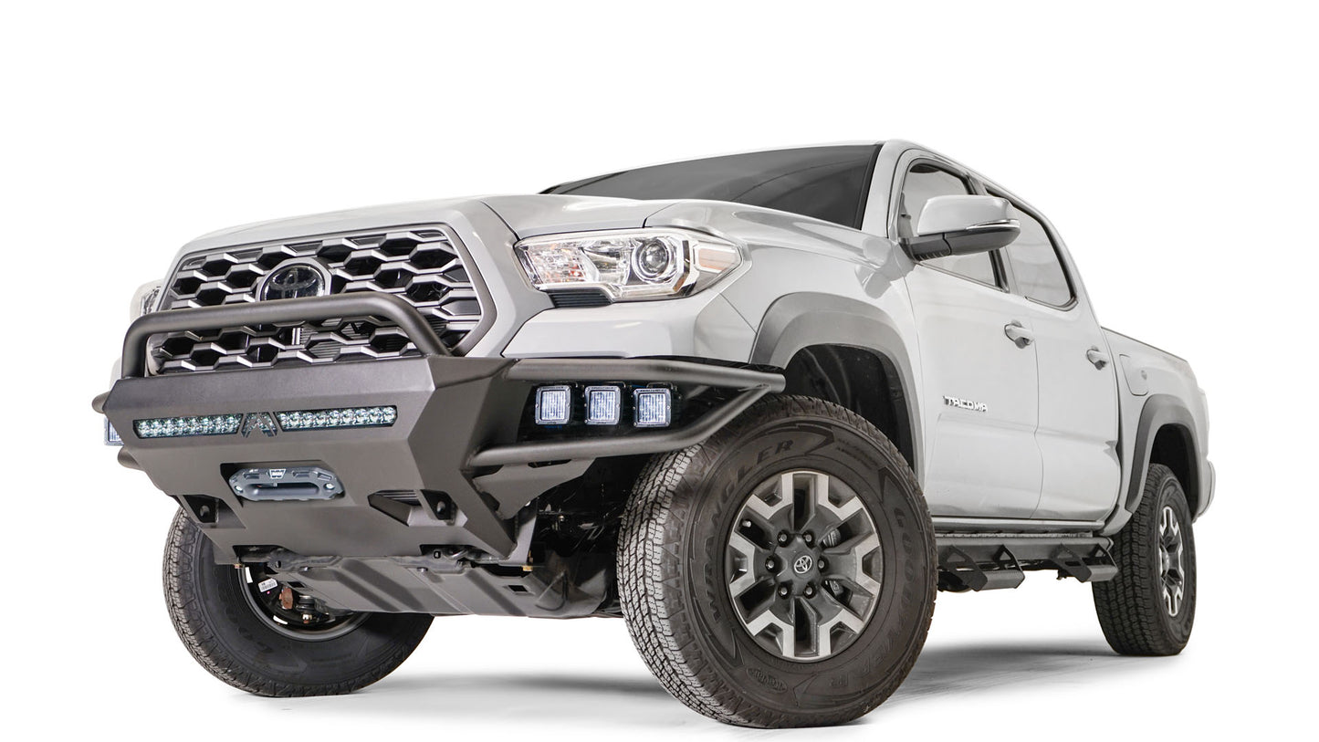 Fab Fours Pre-runner Guard Ultra Light Hybrid TB16-02-1 for Toyota Tacoma 2016-2023, winch-ready steel bumper with LED light bar mount