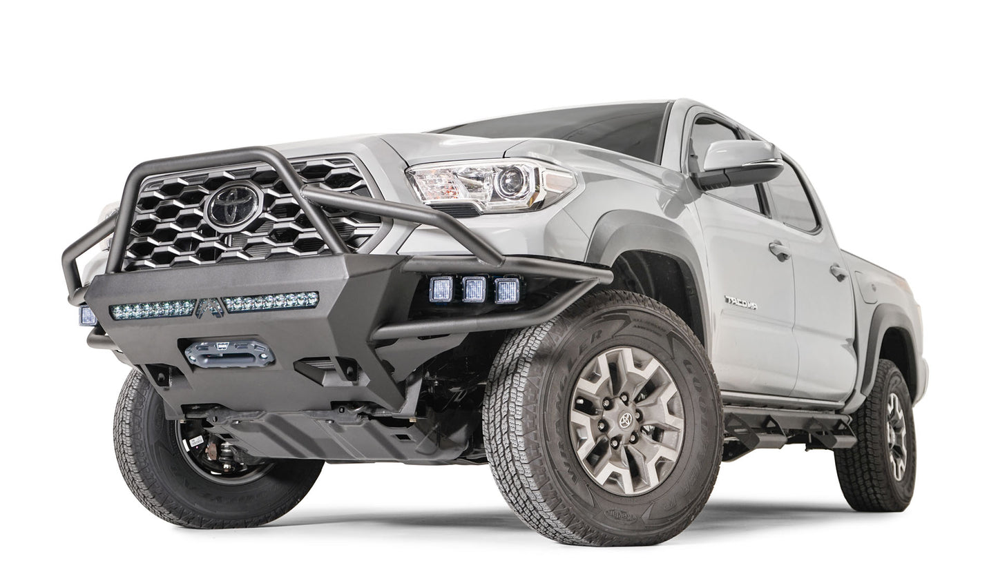 Fab Fours High Guard Ultra Light Hybrid TB16-03-1 for Toyota Tacoma 2016-2023, heavy-duty winch-ready front bumper with LED mounts