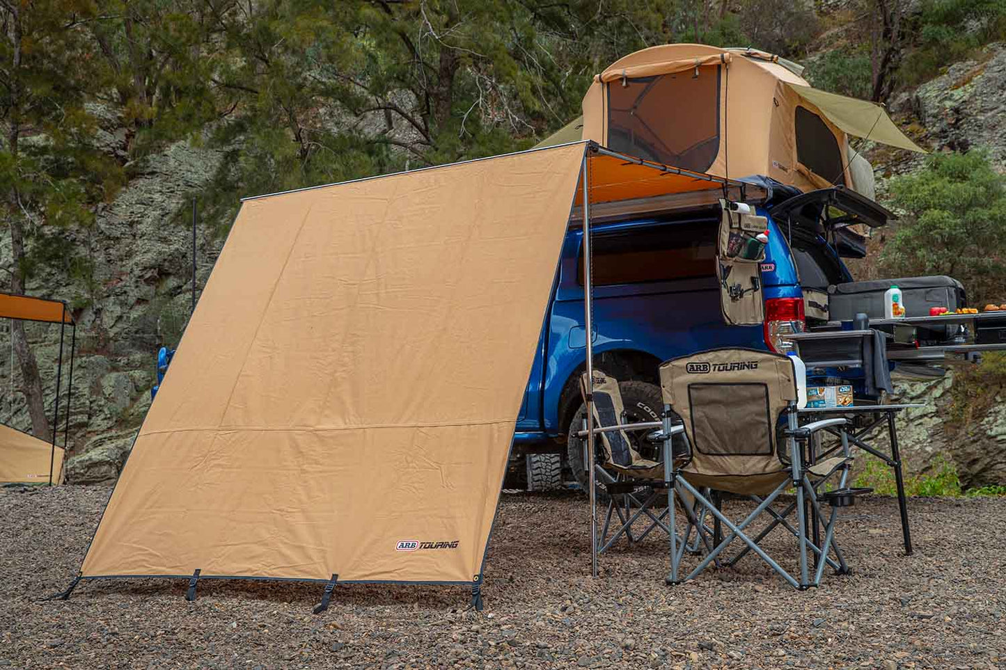 ARB Wind Break Front 2.5M 813107 heavy-duty tan canvas front windbreak secures awning on 2007-2018 Jeep Wrangler JK