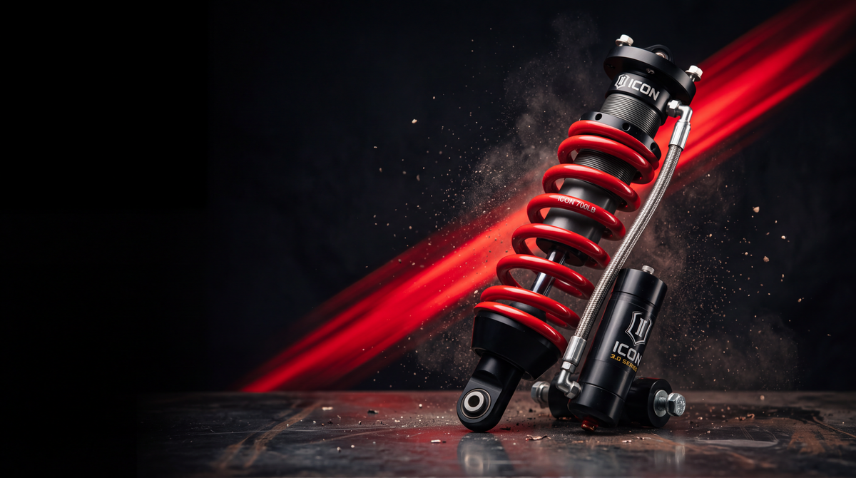 ICON adjustable coilover suspension shocks with red springs on a rugged workshop surface