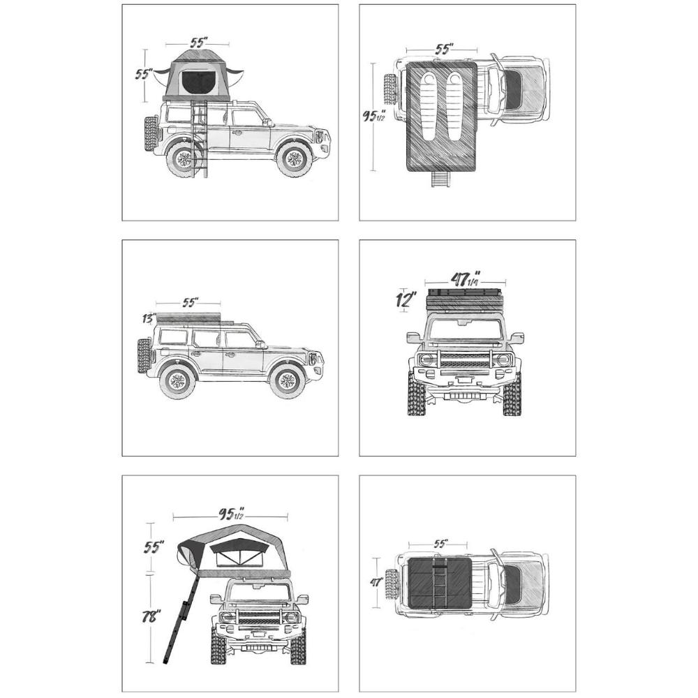 ARB Flinders Rooftop Tent 803300A technical line drawing with dimensions for off-road vehicle roof mounting.
