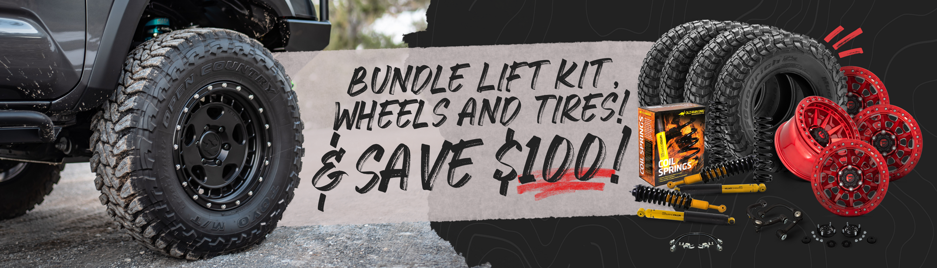 Off-road tire and wheel bundle with suspension components displayed beside lifted vehicle tire and wheel assembly