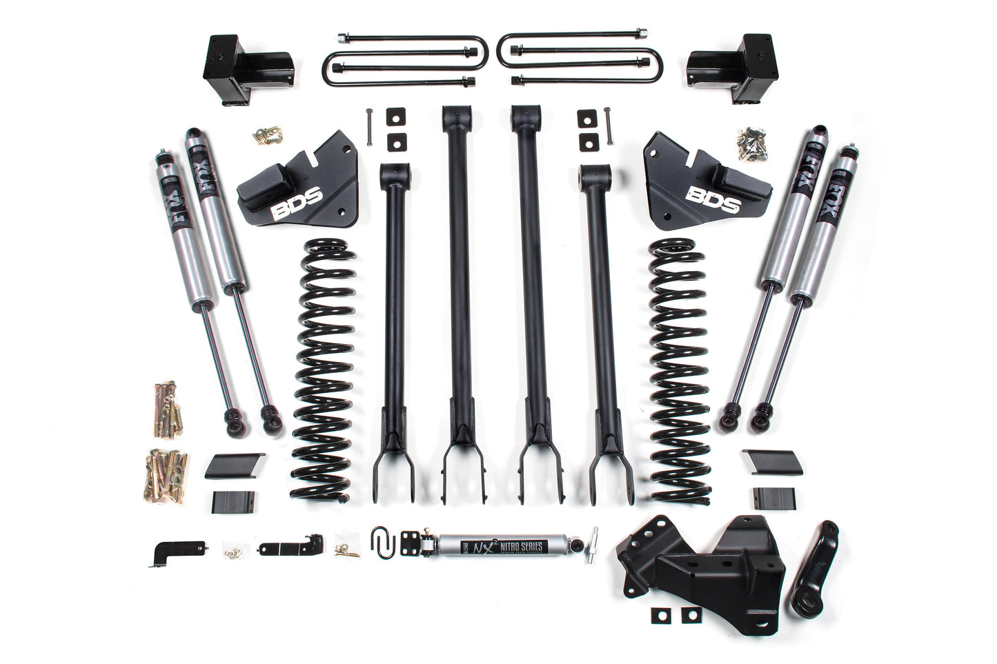 BDS Suspension BDS 4 Inch Lift Kit | 4-Link Conversion | Ford F250 / F350 Super Duty (17-19) 4WD | Gas with ProRide coil springs and shocks components laid out