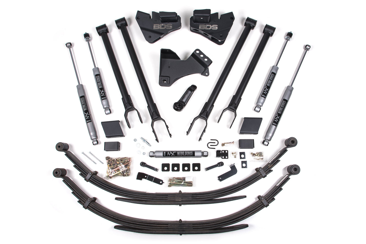 BDS Suspension BDS 4 Inch Lift Kit | 4-Link Conversion | Ford F250 / F350 Super Duty (17-19) 4WD | Gas with heavy-duty leaf springs and shocks
