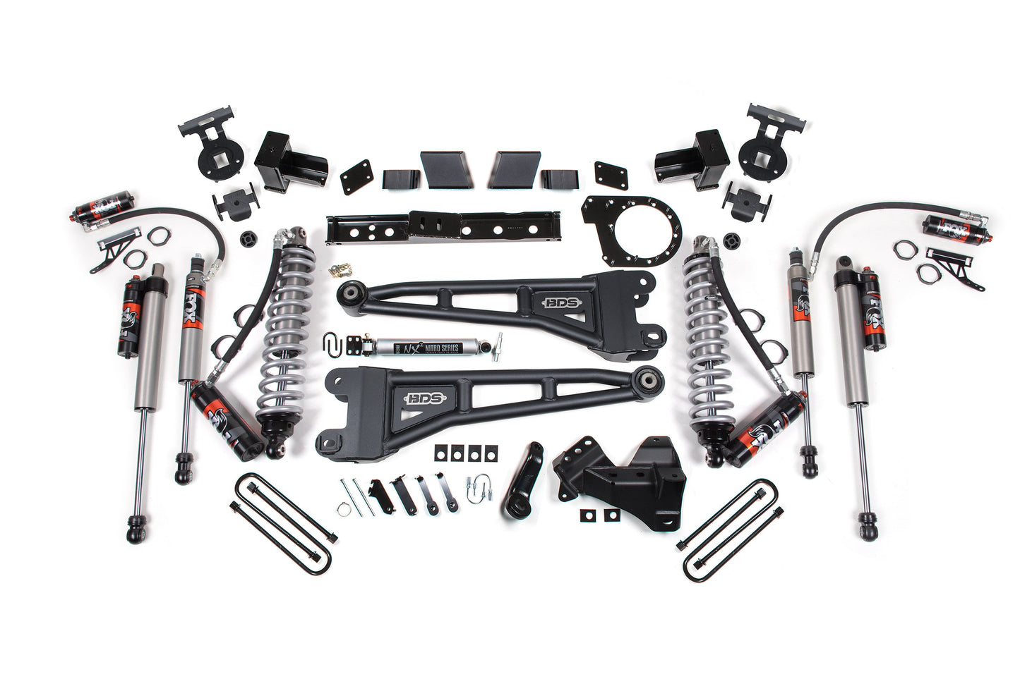 BDS 6 Inch Lift Kit w/ Radius Arm | FOX 2.5 Performance Elite Coil-Over Conversion | Ford F250/F350 Super Duty (17-19) 4WD | Diesel suspension system components laid out