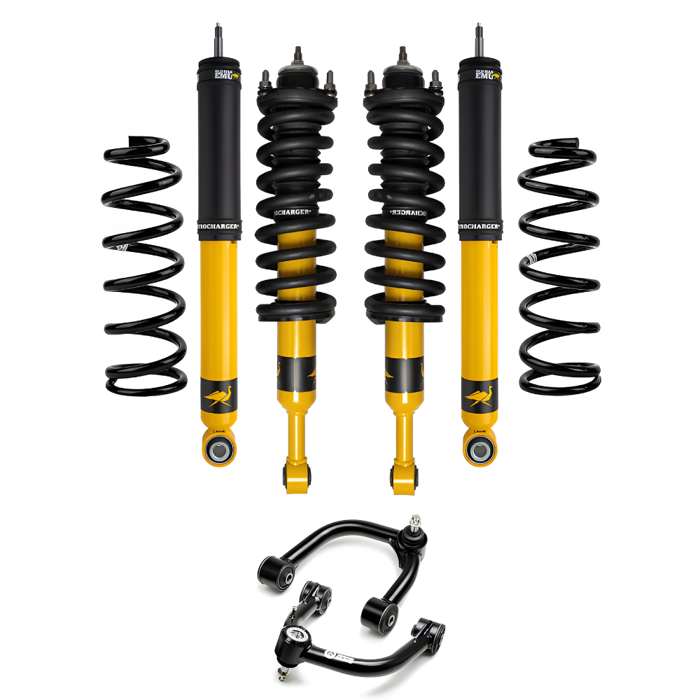 Heavy-duty suspension components with four shocks, coil springs, and upper and lower control arms