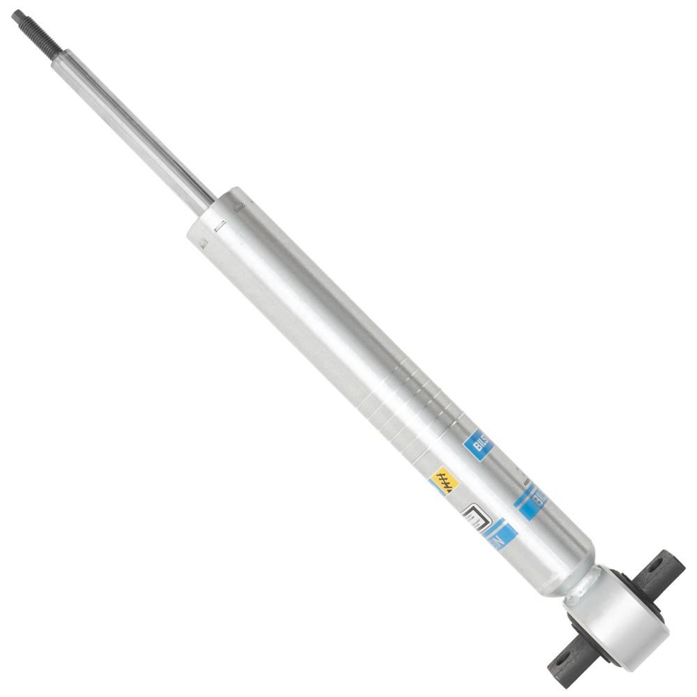 Bilstein heavy-duty shock absorber with silver body, black piston rod, and mounting brackets