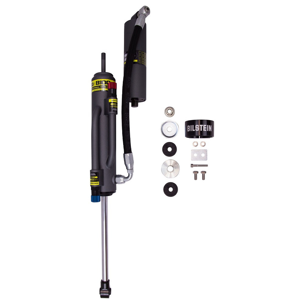 A set of Bilstein B8 8100 Bypass Rear Left Shock Absorbers for a motorcycle on a white background.