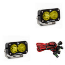 Baja Designs S2 Pro Wide Cornering Pair - LED Amber with dual amber lenses, black aluminum housing, and wiring harness for off-road use
