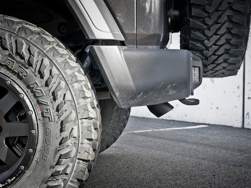 aFe MACH Force-Xp Axle-Back Exhaust System w/Black Tip 49-48070-1B for Jeep Wrangler L4-2.0T / V6-3.6L (18-20) installed off-road rear view