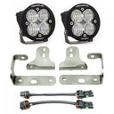 Baja Designs 2018 Wrangler JL Squadron Sport Series Fog Pocket Kit with dual LED fog lights, steel mounting brackets, and wiring connectors