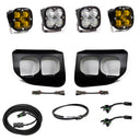 Baja Designs 2020+ Ford Super Duty Fog Lights FPK Amber SAE/Pro DC Baja Designs w/Upfitter with LED pods, bezels, wiring harnesses, and connectors
