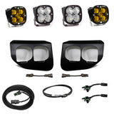 Baja Designs 2020+ Ford Super Duty Fog Lights FPK Amber SAE/Pro DC Baja Designs w/Upfitter with LED pods, bezels, wiring harnesses, and connectors