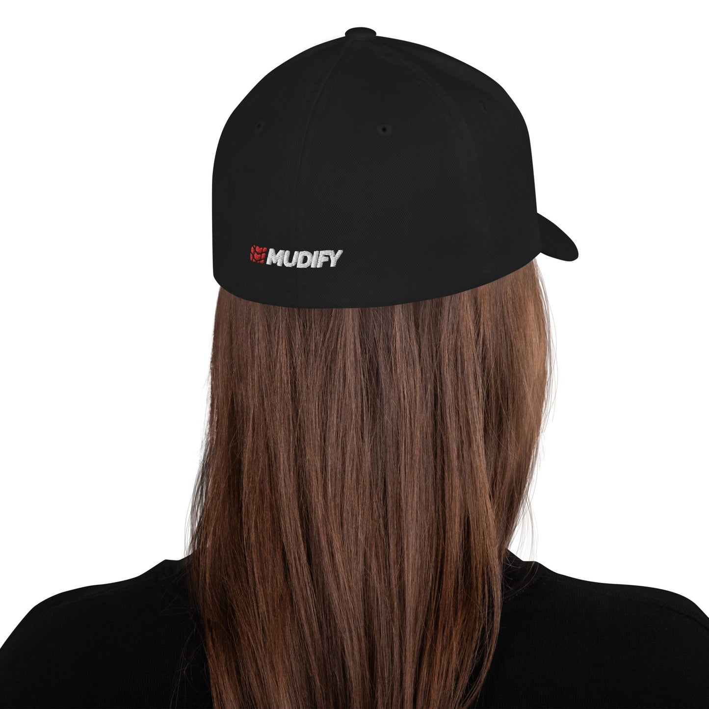 Mudify FlexFit Cap with structured six-panel design, elastic stretch band, curved visor, and black performance twill fabric