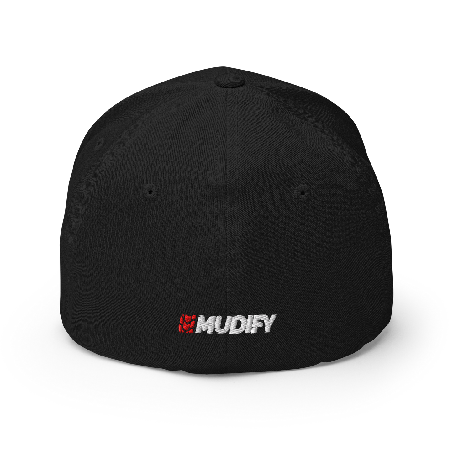 Mudify Signature Cap | Flexfit 6277 black structured hat with embroidered red Mudify logo on closed back design