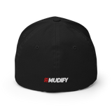 Mudify Signature Cap | Flexfit 6277 black structured hat with embroidered red Mudify logo on closed back design