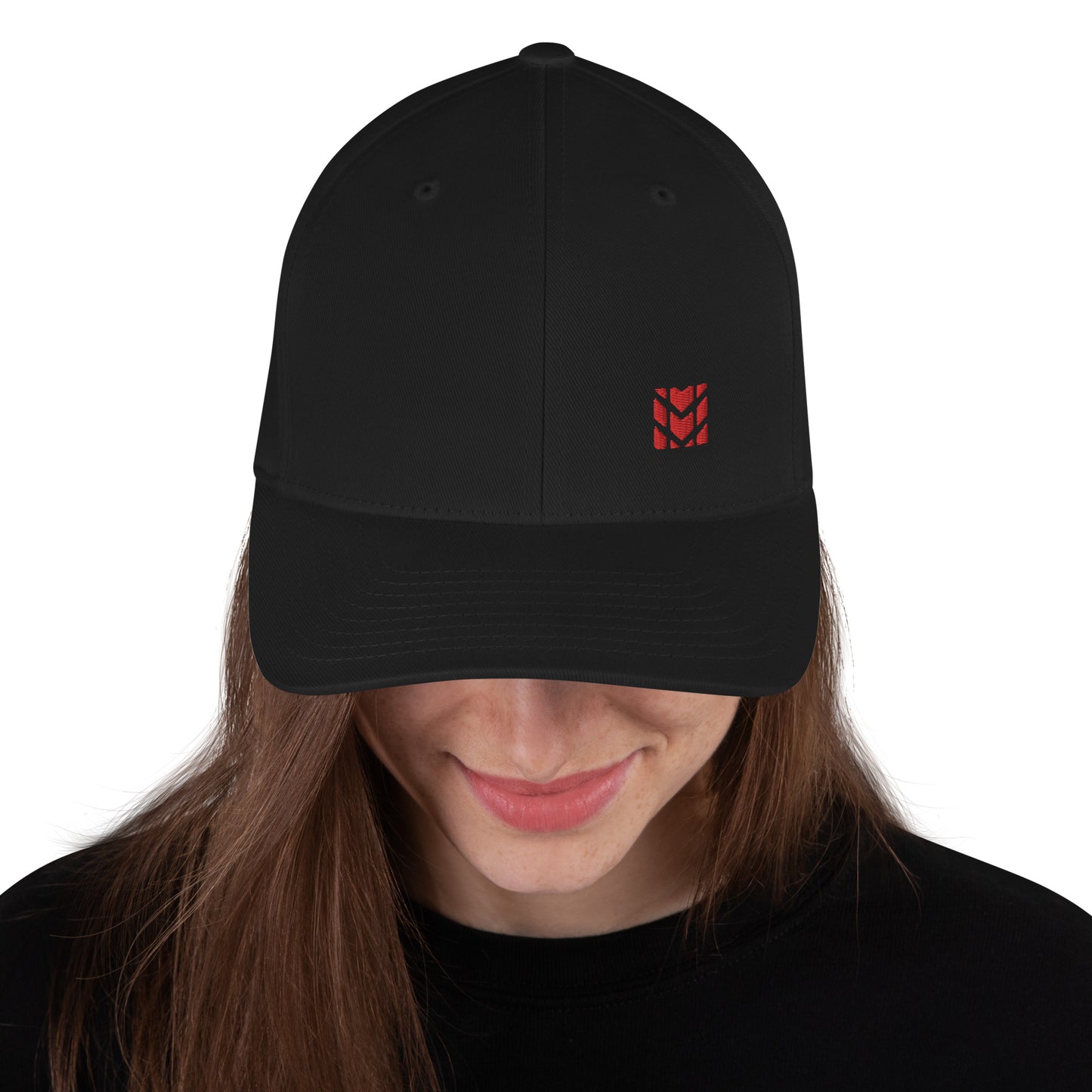 Mudify FlexFit Cap with six-panel structured design, elastic stretch band, curved visor, and black performance fabric