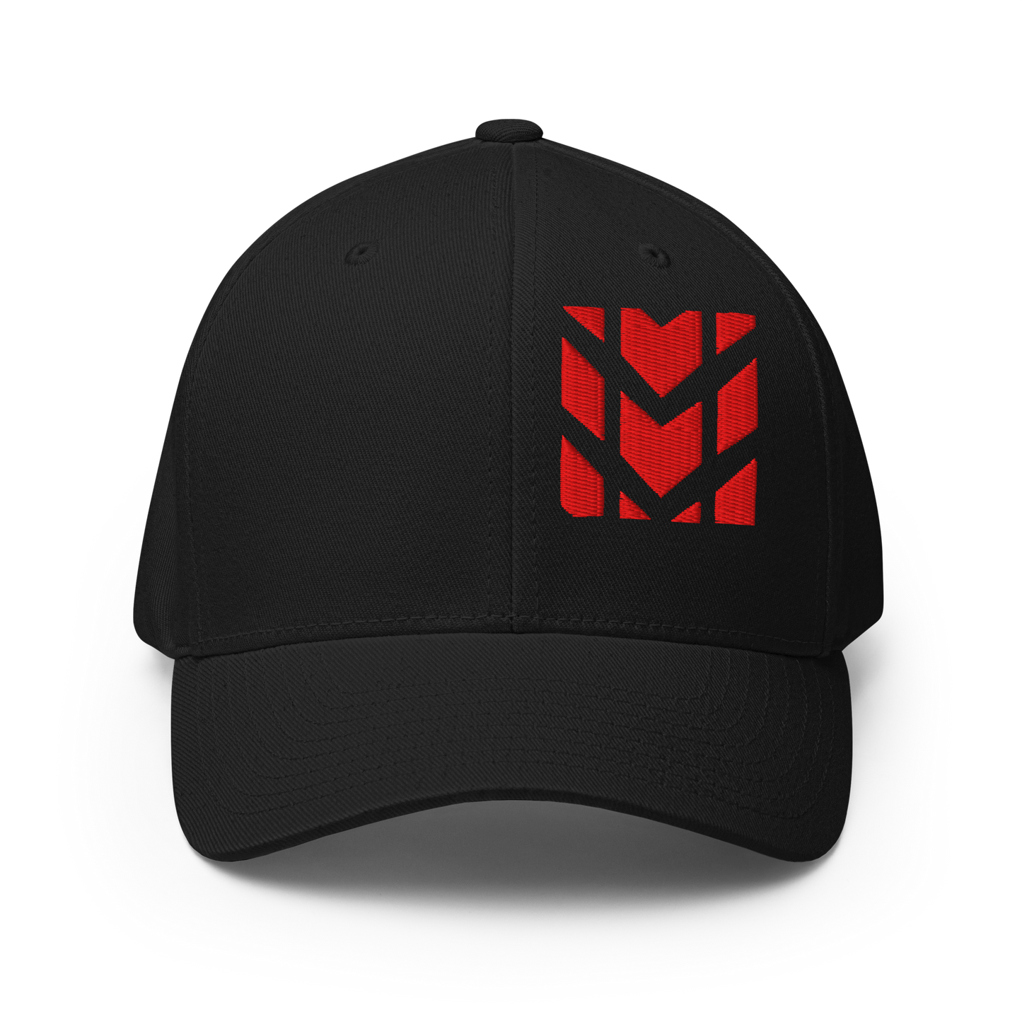 Mudify Signature Cap | Flexfit 6277 black structured hat with bold red embroidered Mudify emblem, closed back design