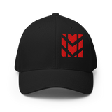 Mudify Signature Cap | Flexfit 6277 black structured hat with bold red embroidered Mudify emblem, closed back design
