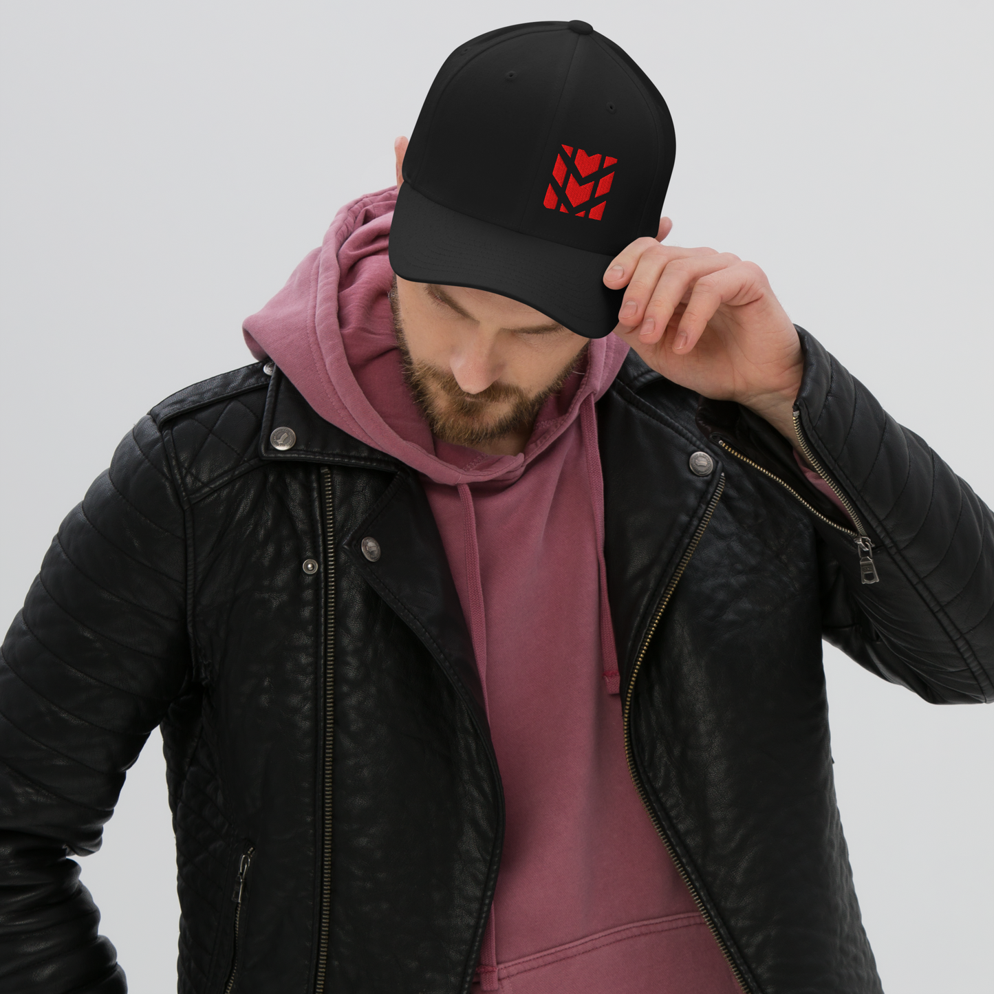 Mudify Signature Cap | Flexfit 6277 black structured cap with red embroidered logo, adjustable closed back design