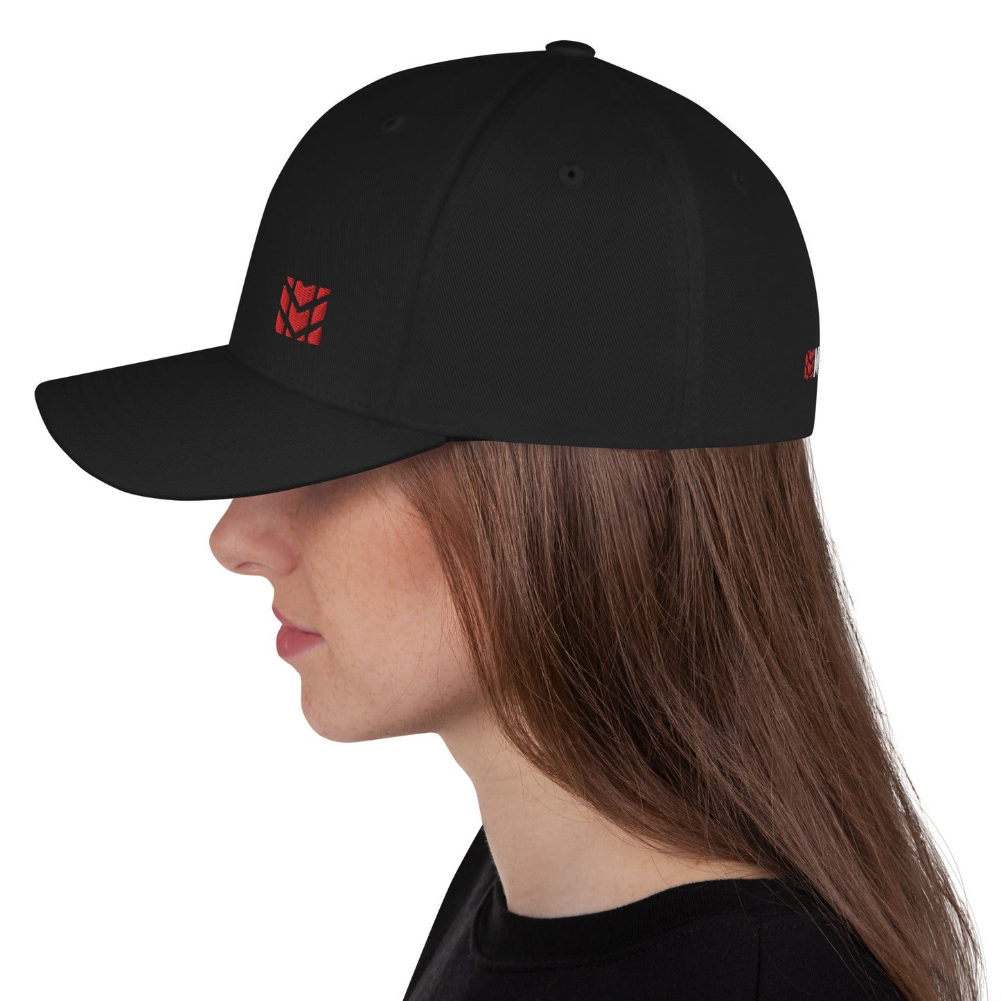 Mudify FlexFit Cap with six-panel structured design, elastic stretch band, curved visor, and black performance twill