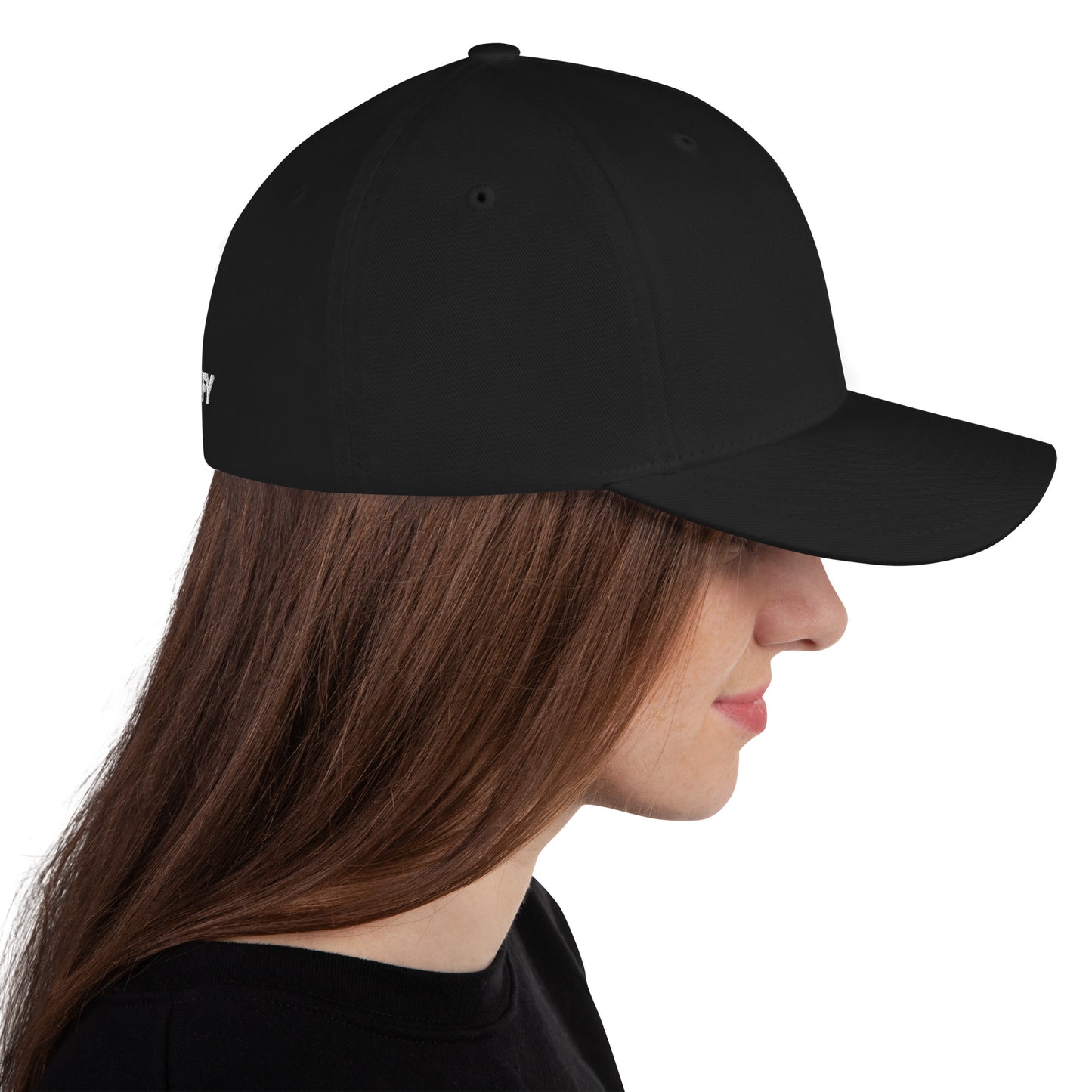 Mudify FlexFit Cap with six-panel structured design, elastic stretch band, curved visor, and black polyester-cotton-spandex twill