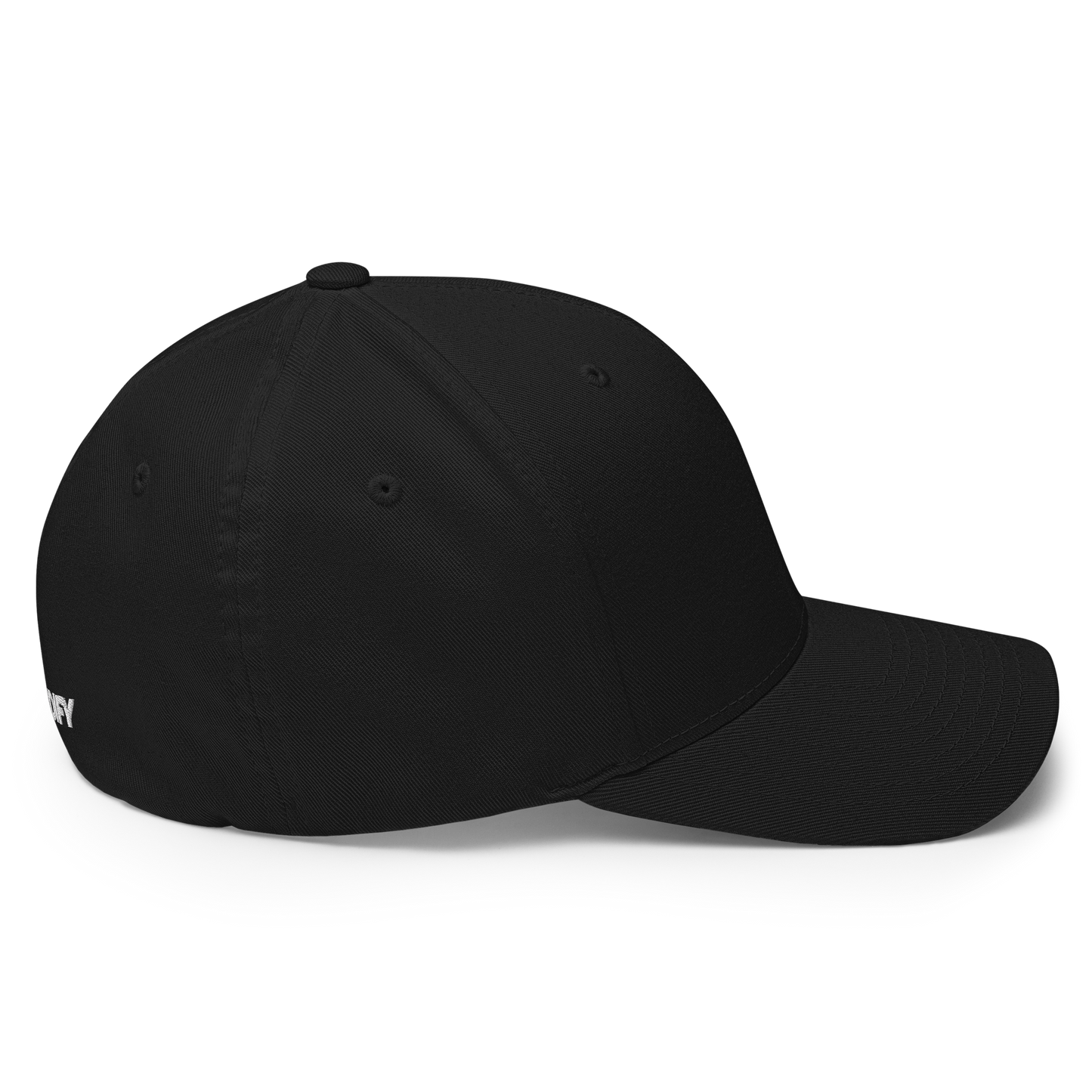 Mudify Signature Cap | Flexfit 6277 black structured cap with red embroidered Mudify emblem and closed back design