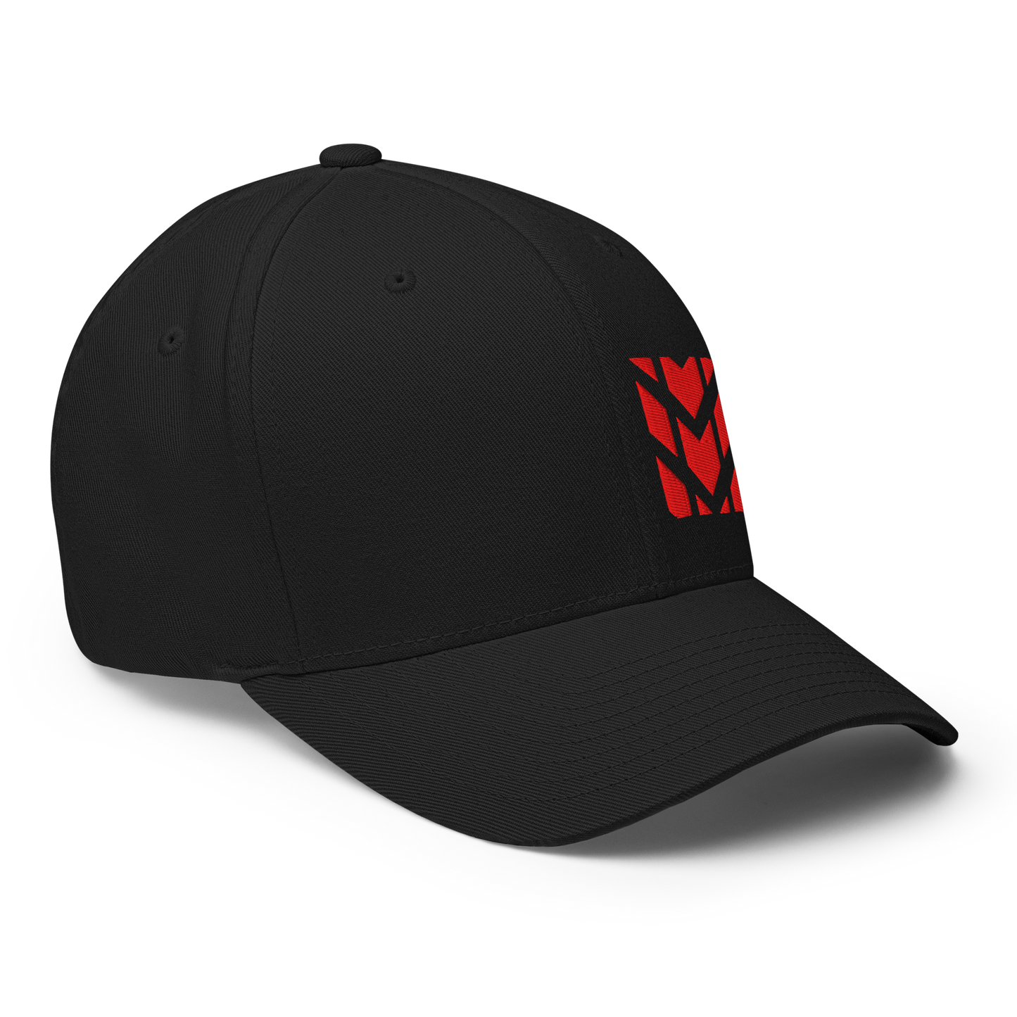 Mudify Signature Cap | Flexfit 6277 black structured cap with red embroidered emblem and closed back design