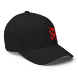 Mudify Signature Cap | Flexfit 6277 black structured cap with red embroidered emblem and closed back design