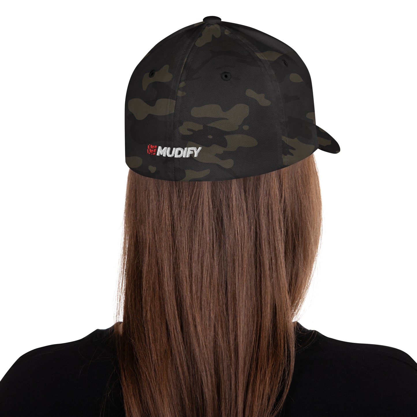 Mudify FlexFit Cap with structured six-panel design, elastic stretch band, and dark multicam camouflage pattern