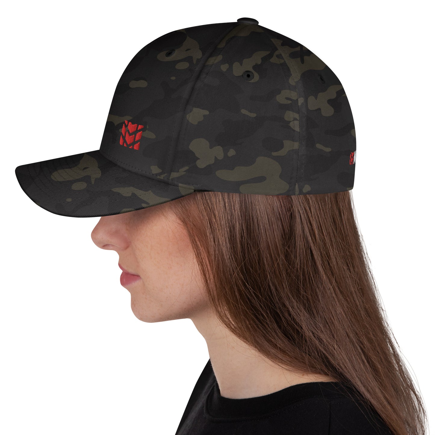 Mudify FlexFit Cap with structured six-panel design, elastic stretch band, curved visor, and black multicam pattern