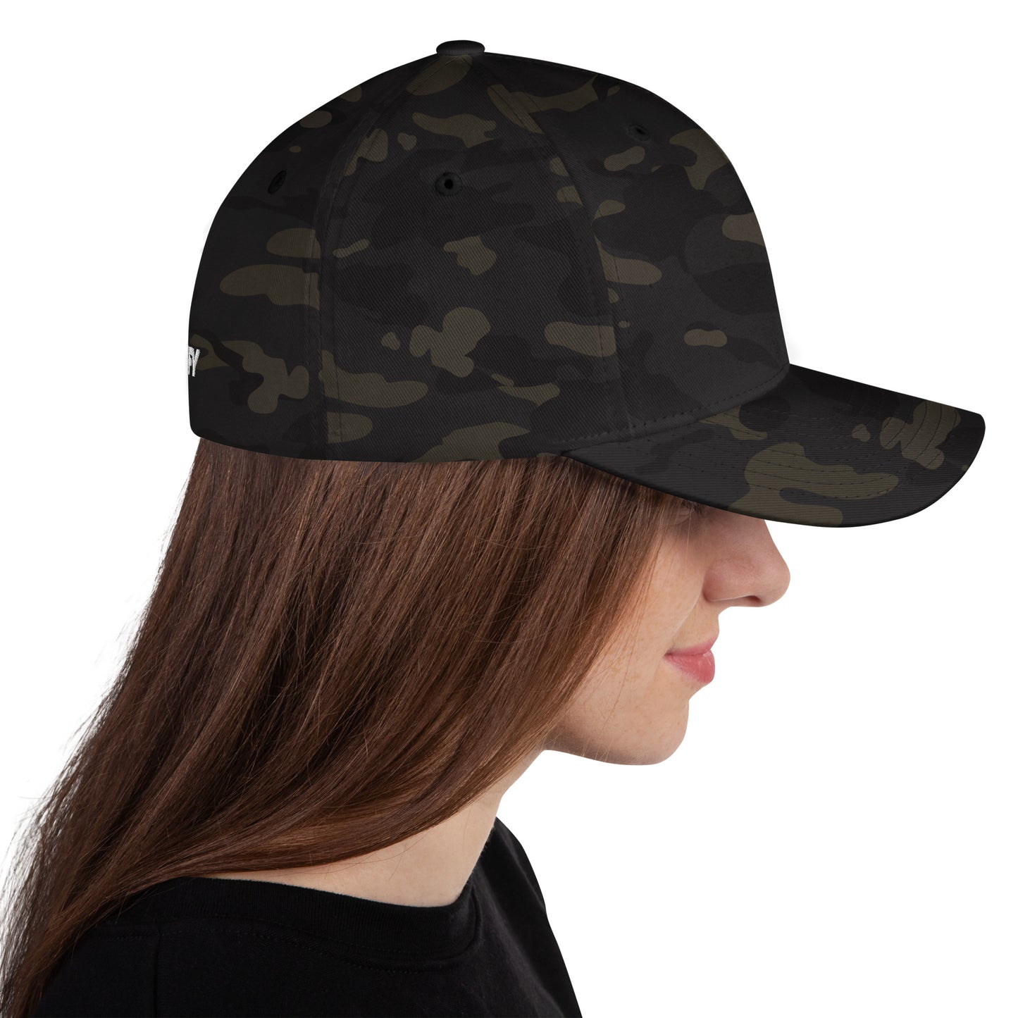 Mudify FlexFit Cap with structured six-panel design, elastic stretch band, curved visor, and dark multicam pattern