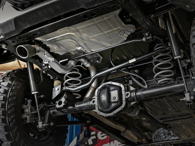 aFe MACH Force-Xp Axle-Back Exhaust System w/Black Tip 49-48070-1B installed on 2018-2020 Jeep Wrangler L4-2.0T / V6-3.6L rear suspension