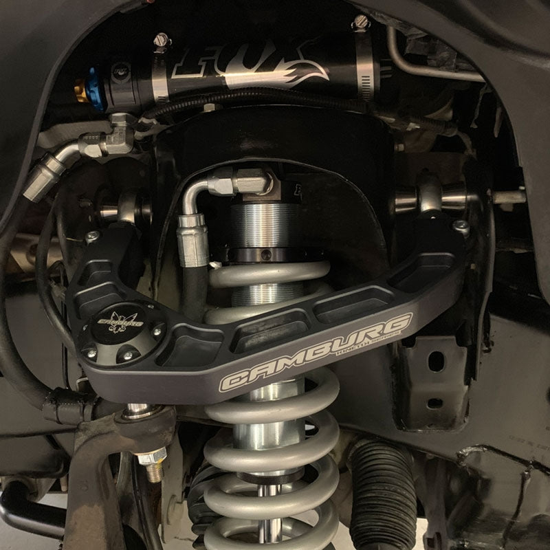 Camburg KINETIK V2 Billet Uniball Upper Control Arms CAM-310184-GRY for Toyota Tacoma (05-23), 4Runner (03-23), FJ Cruiser (07-14) installed with coil spring and Fox shock absorber system.