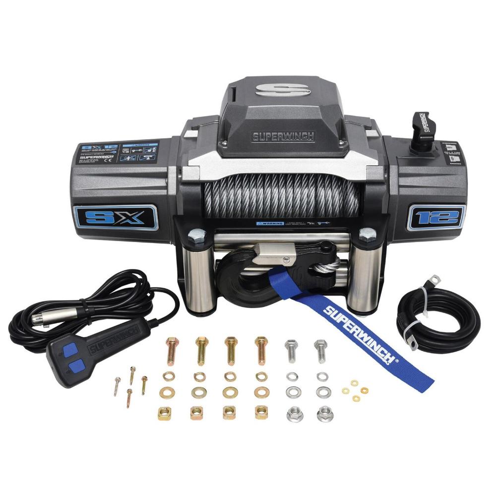 Superwinch SX12 Winch 1712200 with 12,000 lb line pull, 6.0 hp sealed motor, relocatable control box, wired remote, and clutch handle