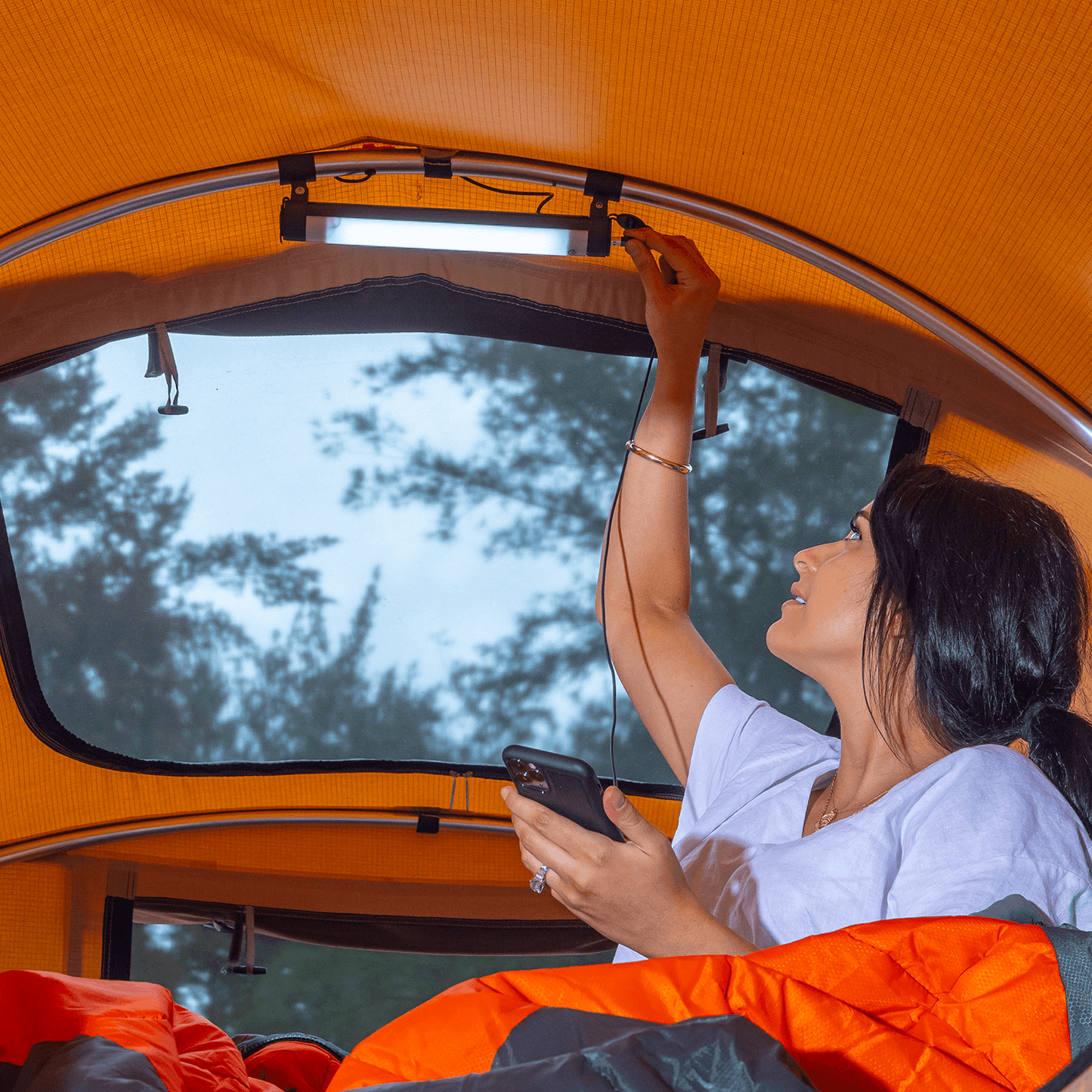 ARB Rooftop Tent and Awning Light 803301 installed inside tent with touch control and 300 lumen output for camping