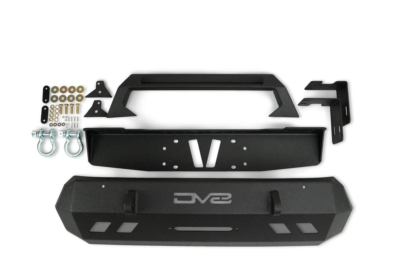 DV8 Offroad Front Bumper FBTT1-05 for Toyota Tacoma 2016-2023 heavy-duty cold rolled steel with mounting hardware and clevis mounts
