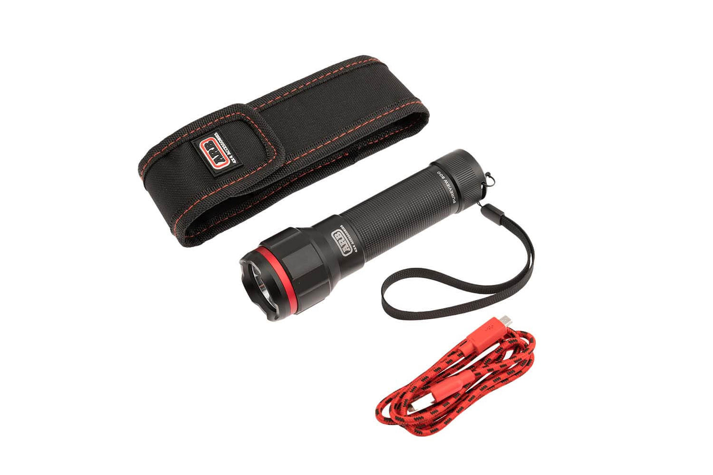 ARB Pureview 800 Flashlight 10500070 durable black anodized aluminum body with wrist strap and red bezel ring detail