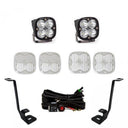 Baja Designs 2021+ Ford F150 A Pillar Kit Squadron Pro Spot with dual LED lights, mounts, lenses, and wiring harness components