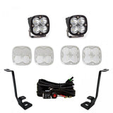 Baja Designs 2021+ Ford F150 A Pillar Kit Squadron Pro Spot with dual LED lights, mounts, lenses, and wiring harness components