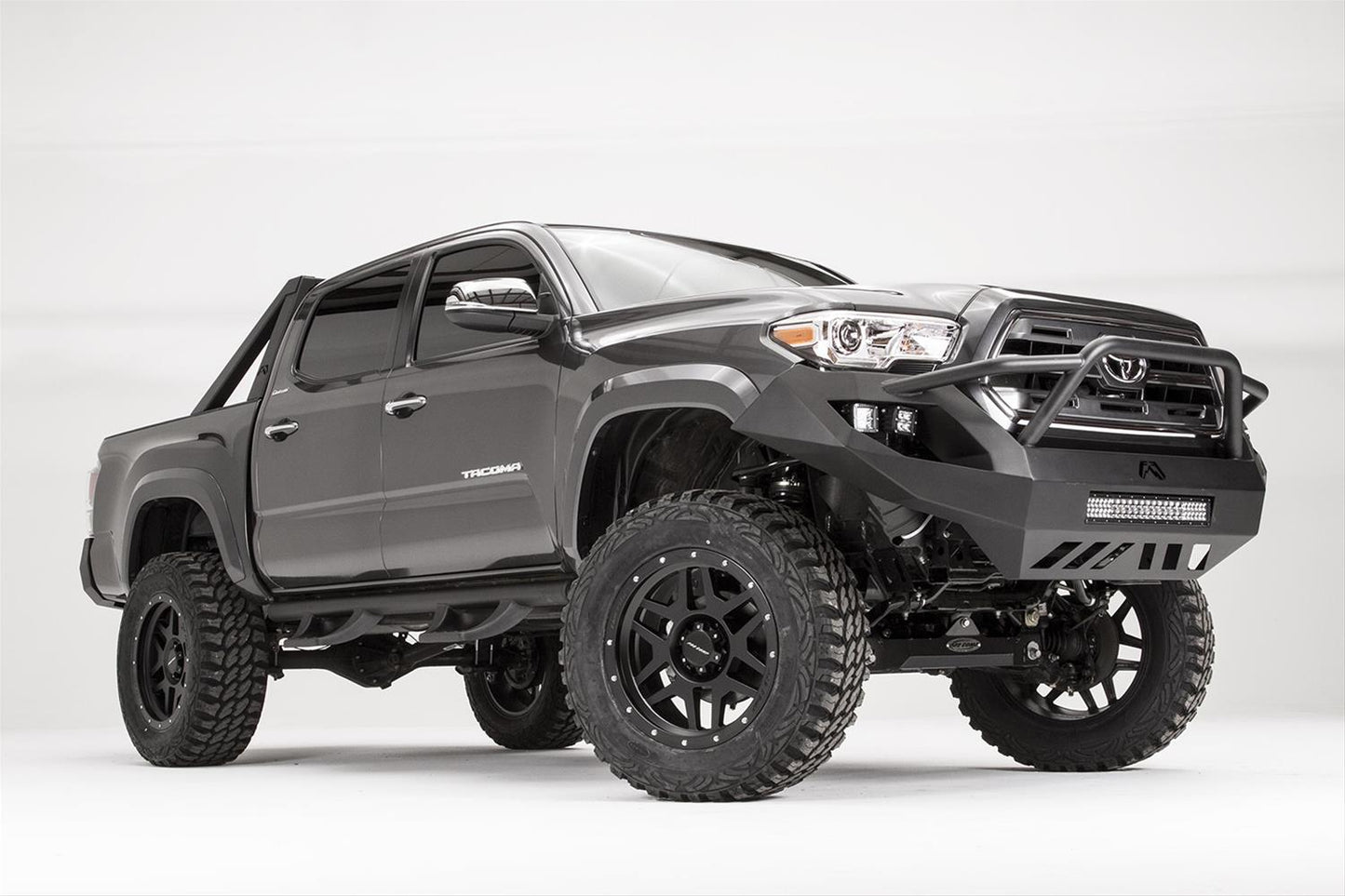Fab Fours Vengeance Series Pre-Runner Bumpers HIGH PRE-RUNNER GUARD TT16-D3652-1 for Toyota Tacoma 2012-2023 with heavy-duty bolt-on design and increased tire clearance