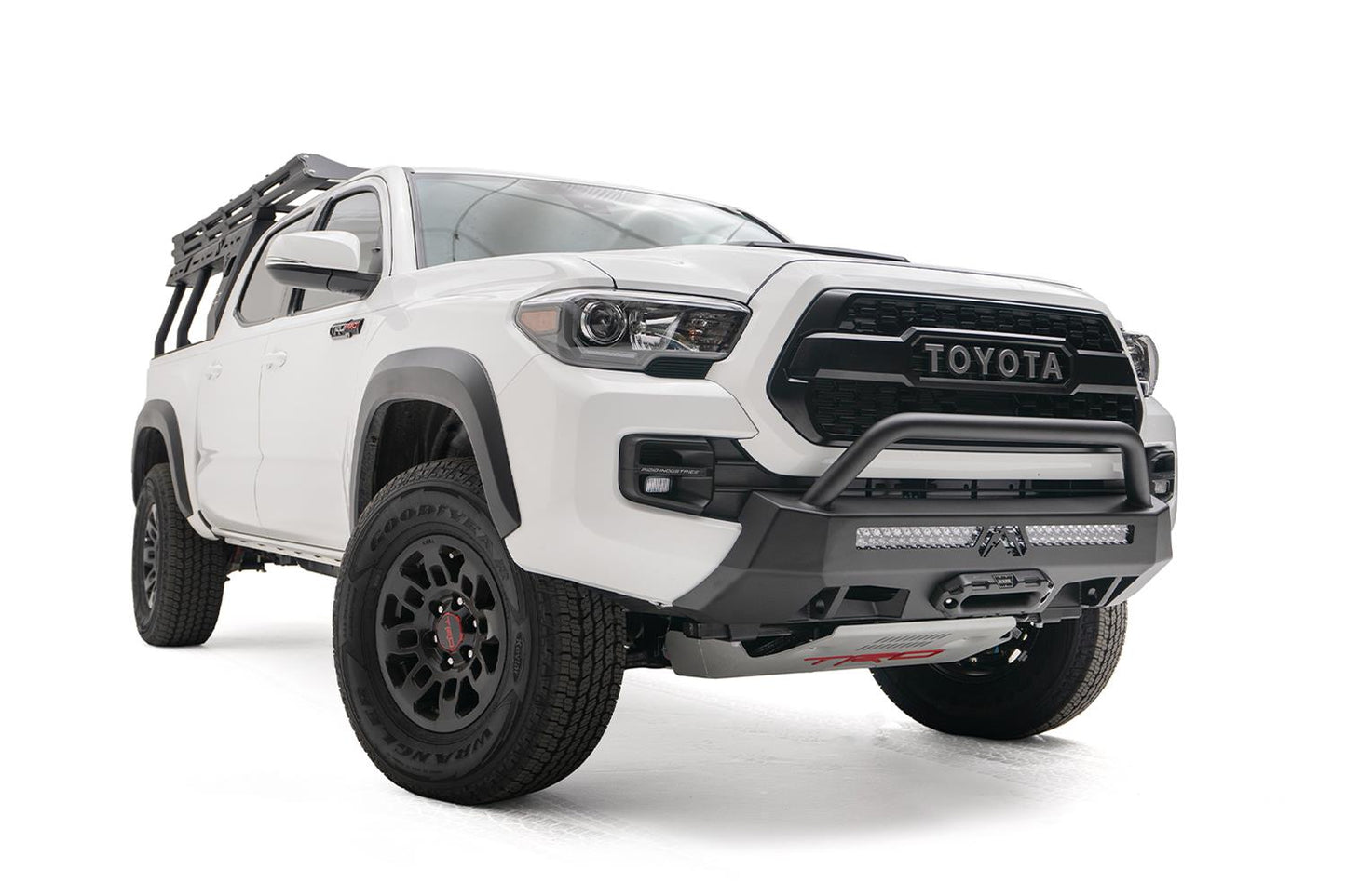 Fab Fours Hidden Winch Mounts TT16-N3652-1 for Toyota Tacoma 2016-2023 with heavy-duty integrated winch and D-ring mounts