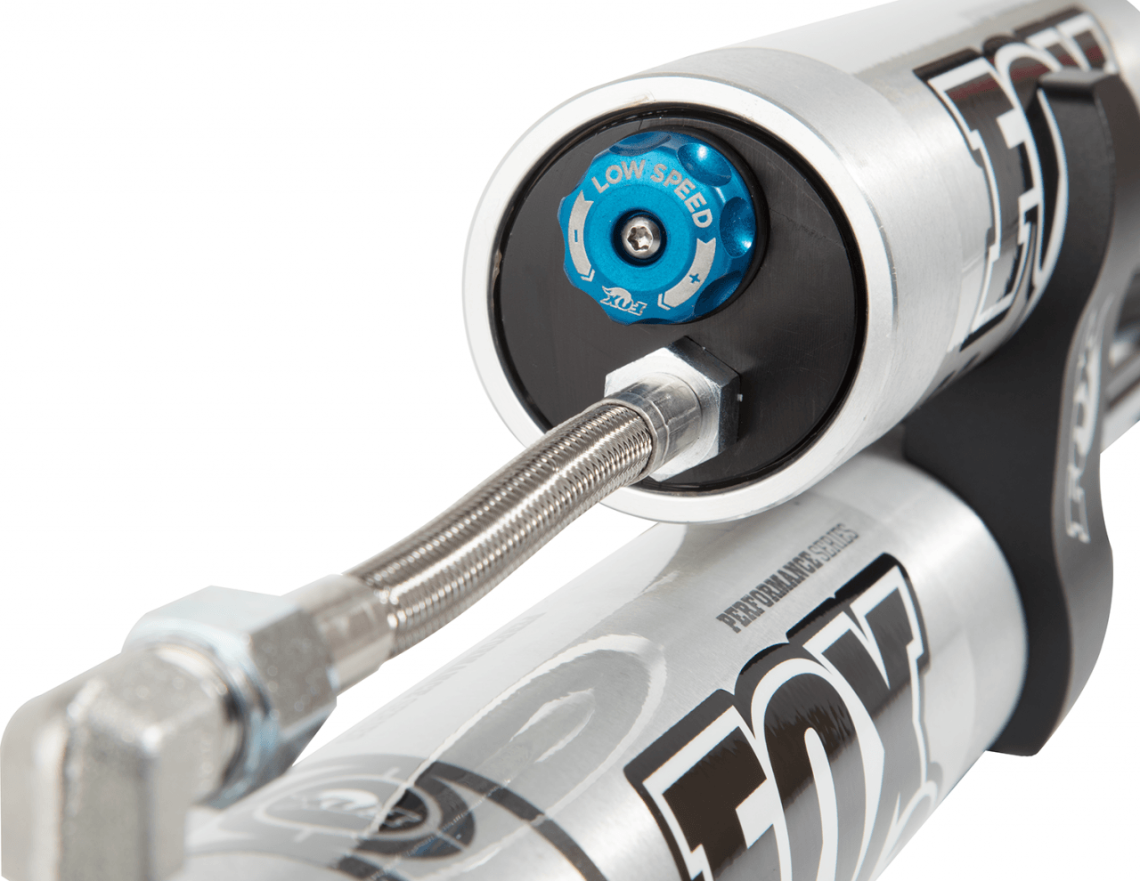 Fox Performance Series 2.0 Smooth Body Reservoir Shock - Adjustable - 985-26-116 with blue speed control knob and stainless steel braided line