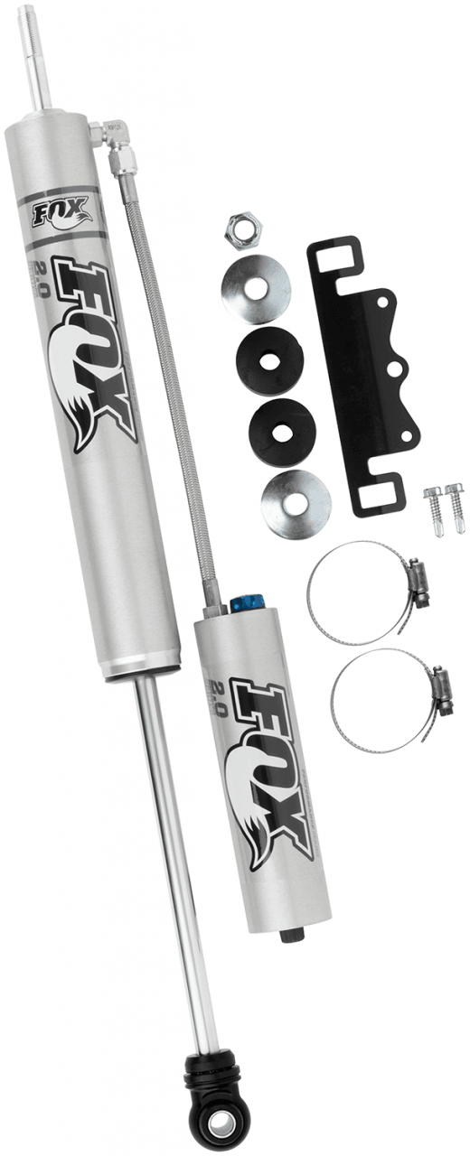 Fox Performance Series 2.0 Smooth Body Reservoir Shock - Adjustable - 985-26-133 with external reservoir, mounting hardware, and stainless steel braided line