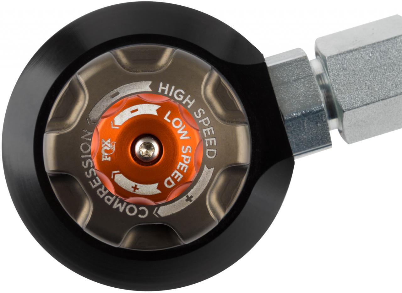 Fox Performance Elite Series 2.5 Reservoir Shock (Pair) - Adjustable - 883-26-050 close-up of shutoff valve and compression dial controls