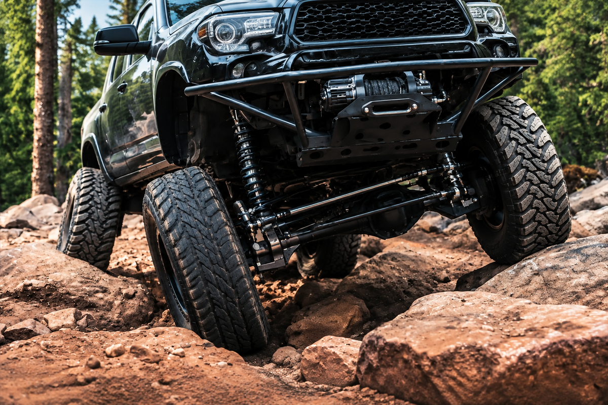 Lifted truck crawling over rocks